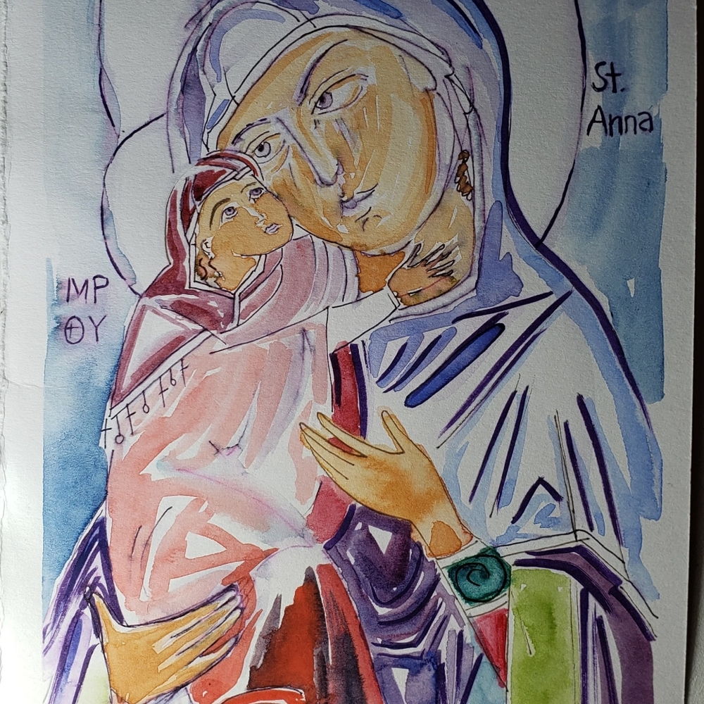 Free-hand, handmade watercolor icon of Saint Anna